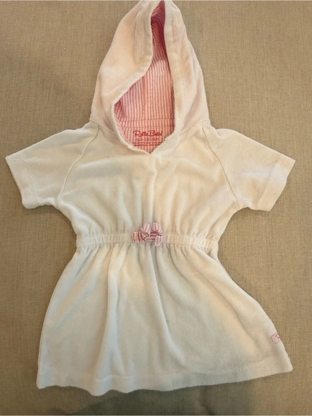 Ruffle Butts Cream Hooded Terry Dress with Pink Lined Hood